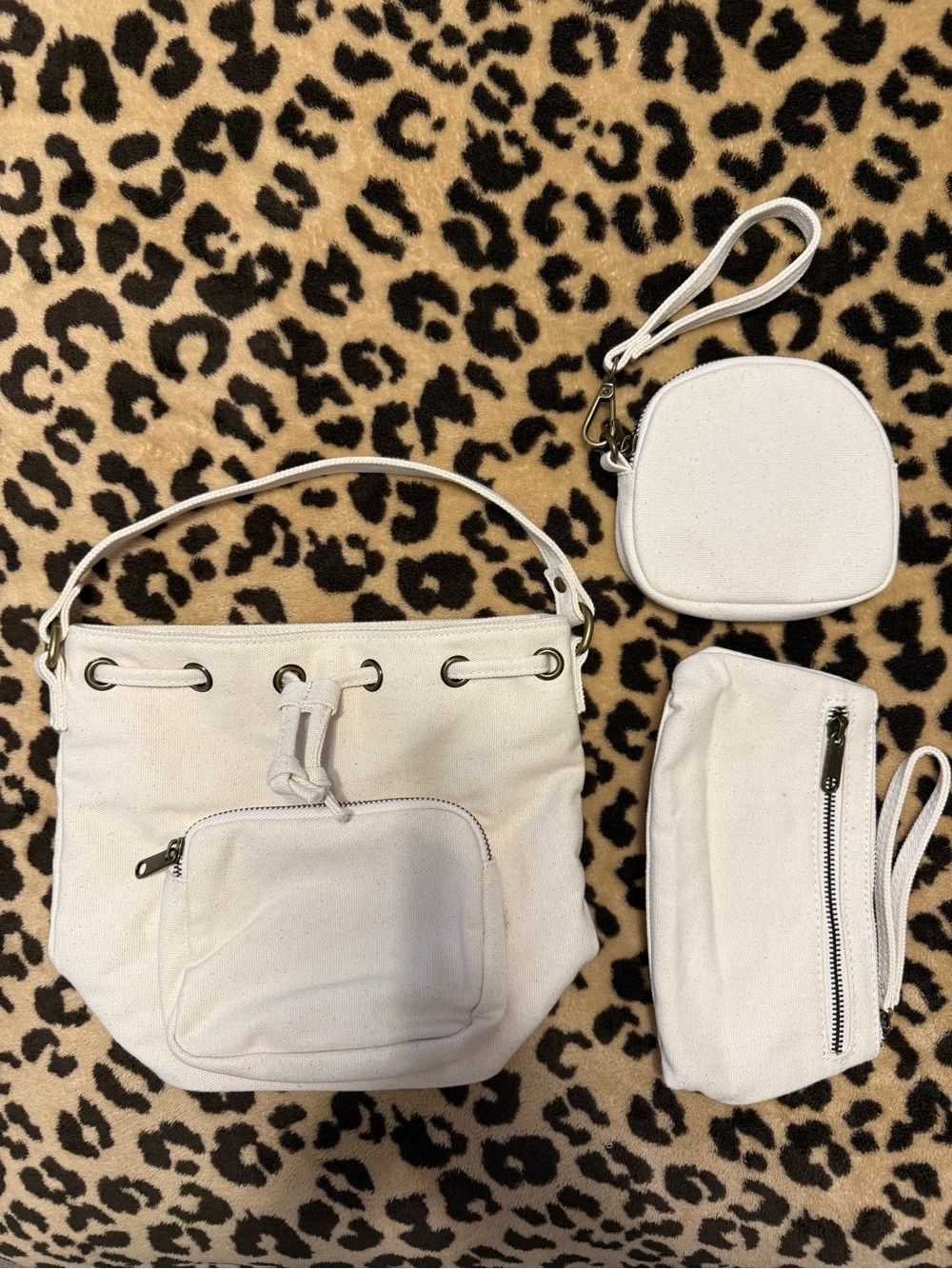Cream Canvas Bucket Bag Set - 3 Piece